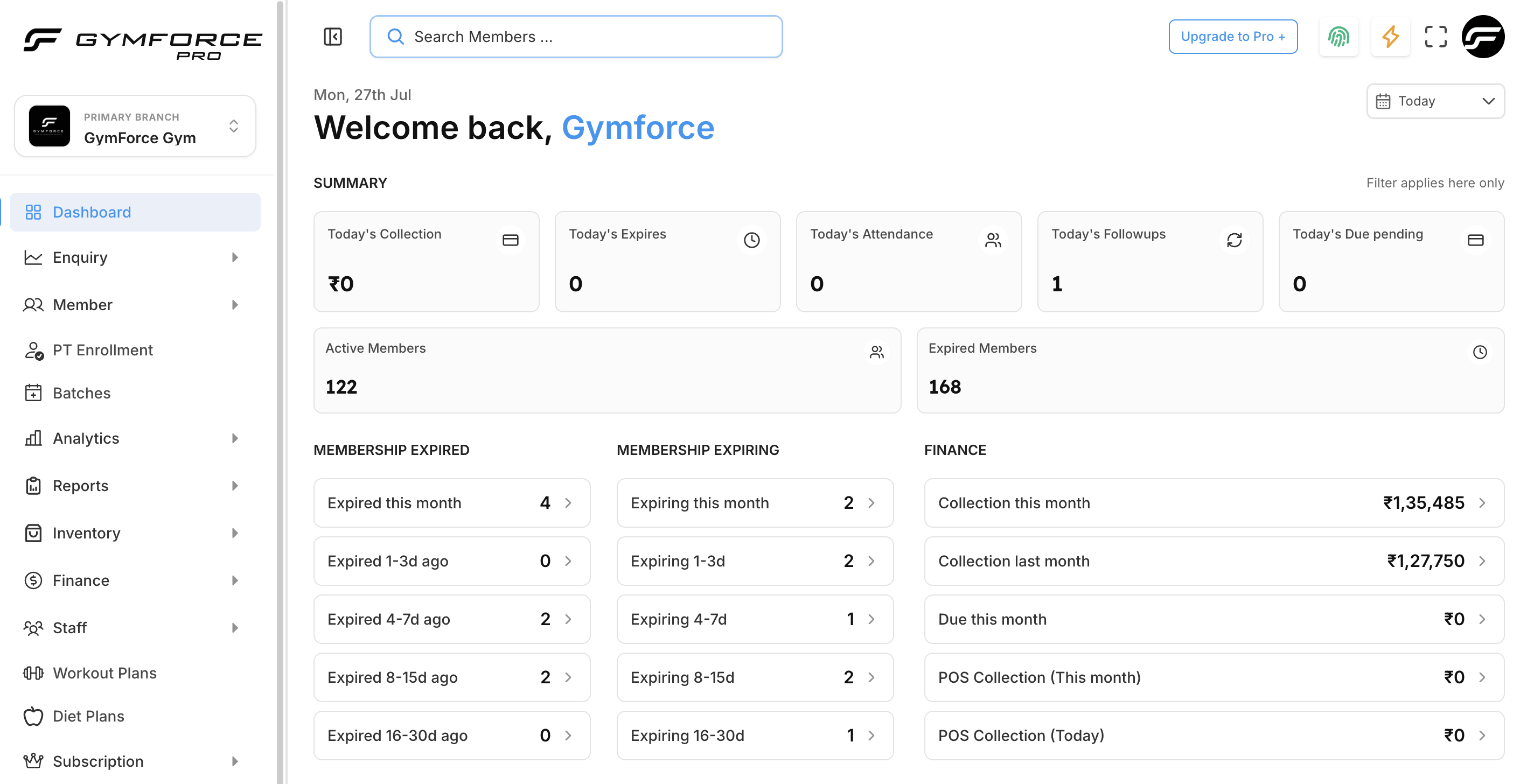 GymForce desktop dashboard showing members, attendance, renewals, and collections