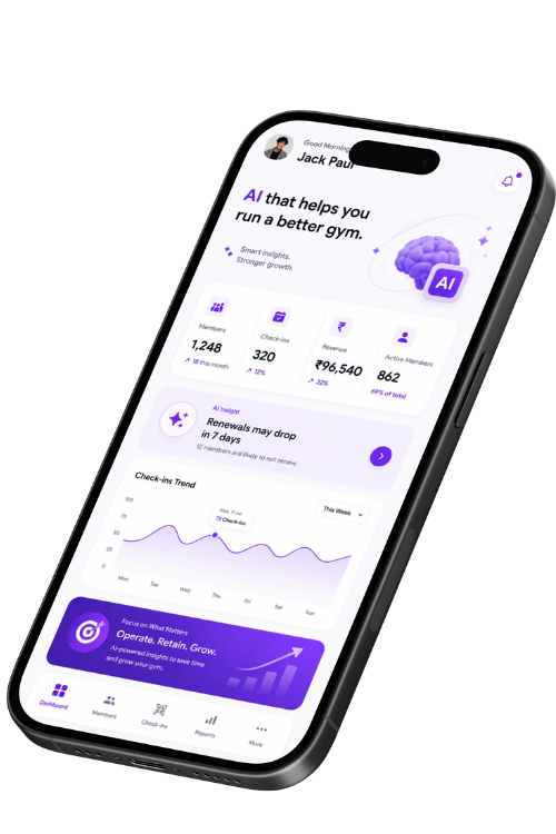 GymForce AI mobile dashboard with renewal and attendance insights