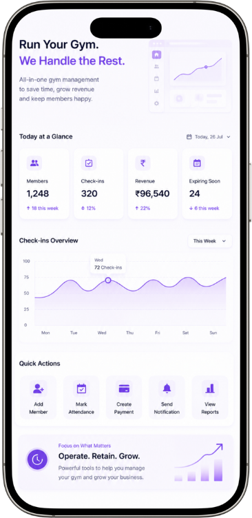 GymForce mobile gym management dashboard