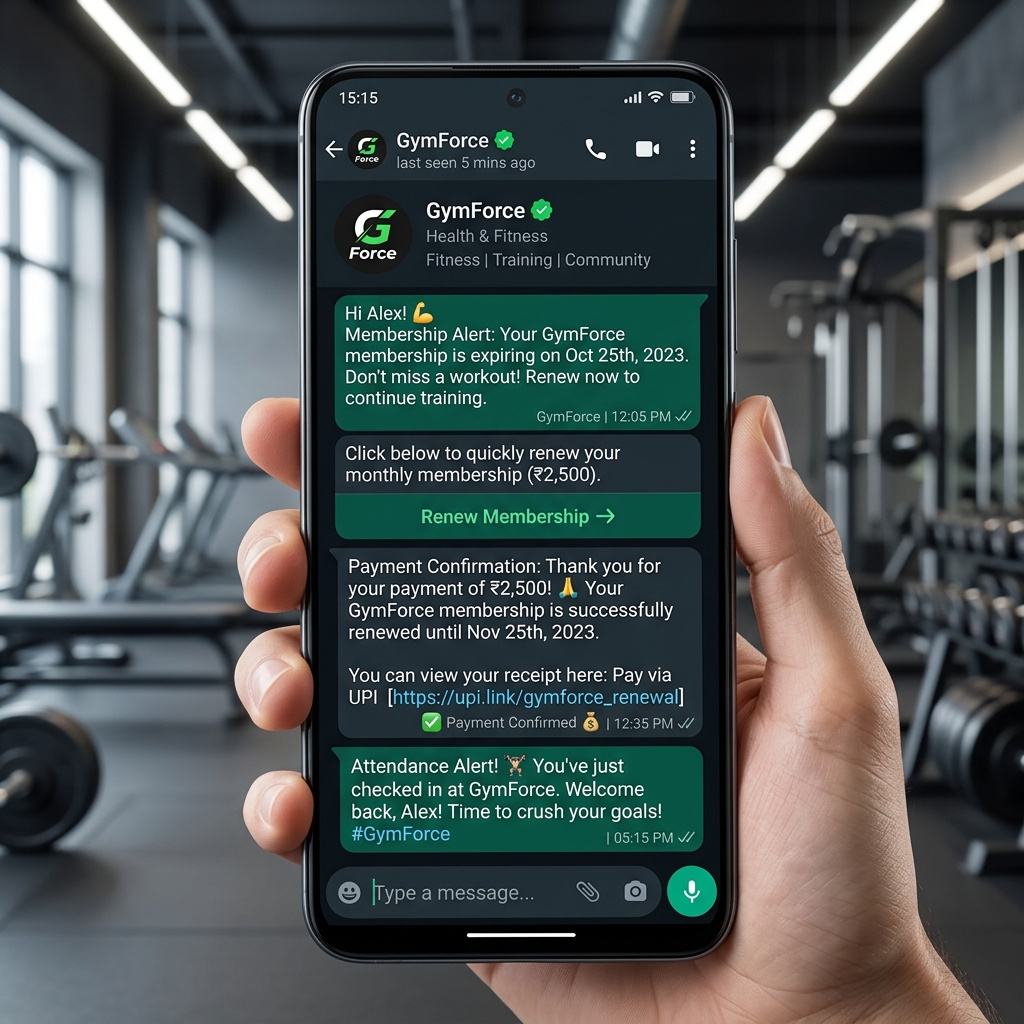 GymForce Official WhatsApp Business API Mockup on Mobile Phone